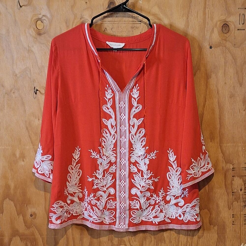 Solitaire Anthropologie Shirt Women's Medium Red Embroidered Bohemian BohoStyle